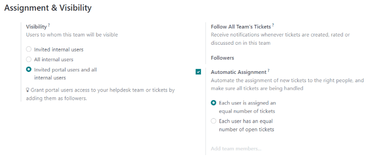 View of a Helpdesk team settings page emphasizing the assignment and visibility features in SotaERP Helpdesk