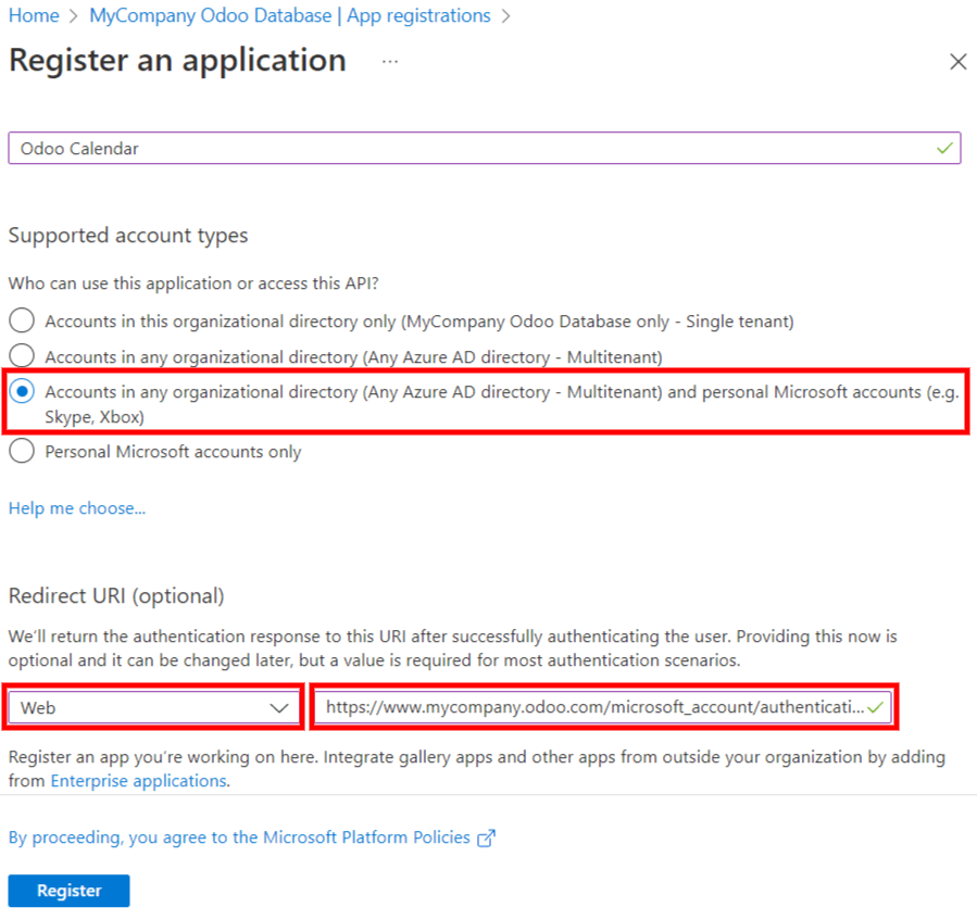 The "Supported account type" and "Redirect URI" settings in the Microsoft Entra ID portal.