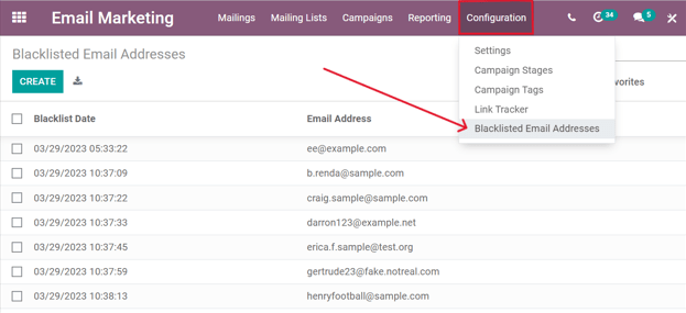 View of the blacklisted email addresses page in SotaERP Email Marketing.