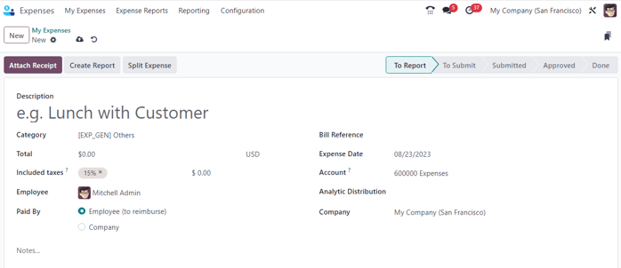 A blank expenses form in the SotaERP Expenses application.