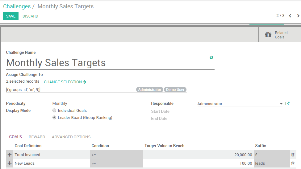 View of the challenge form and a challenge being created for SotaERP Sales