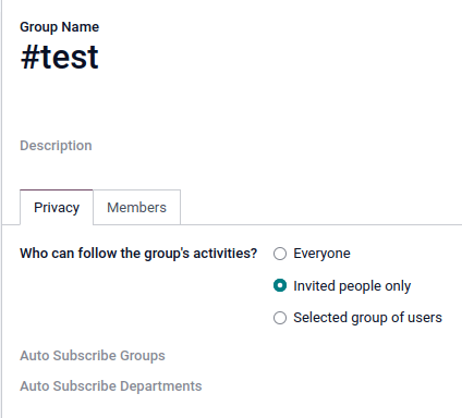 View of a channel's settings form in SotaERP Discuss.