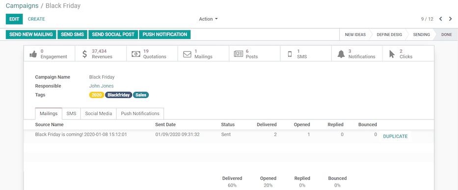 View of a sample campaign template page in SotaERP Social Marketing.