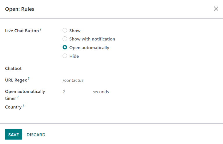 View of a channel's rules form for SotaERP Live Chat.