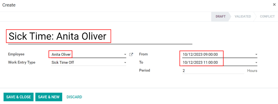 Filling in the work entry Create form in SotaERP.