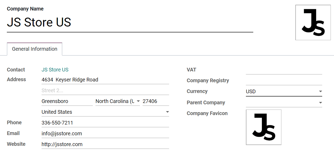 Overview of a new company's form in SotaERP