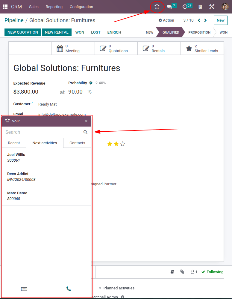 View of CRM leads and the option to schedule an activity for SotaERP Discuss.