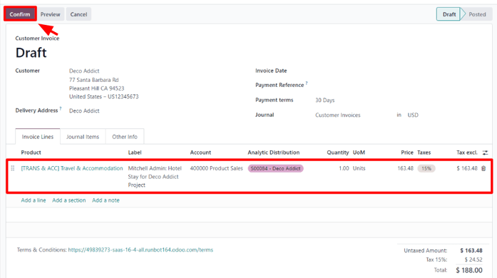 A customer invoice draft with the expense in the Invoice Lines tab of the form.