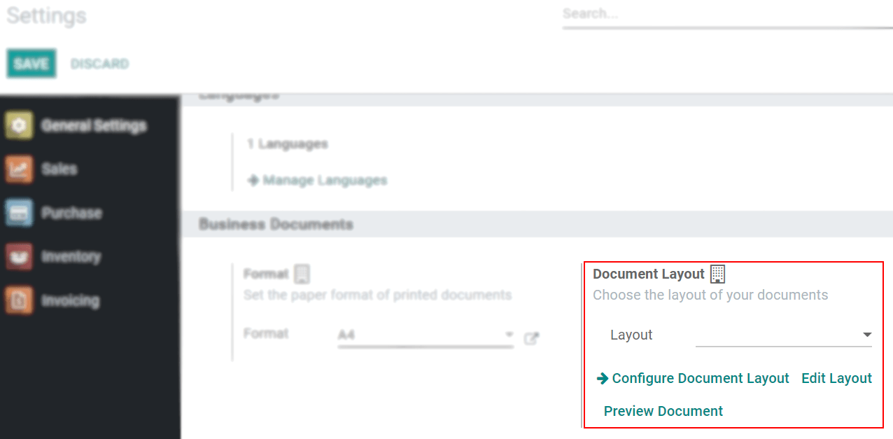 View of the settings page emphasizing the document layout field in SotaERP