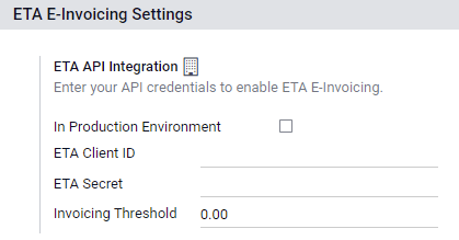 Configuration of the ETA E-Invoicing credentials in SotaERP Accounting