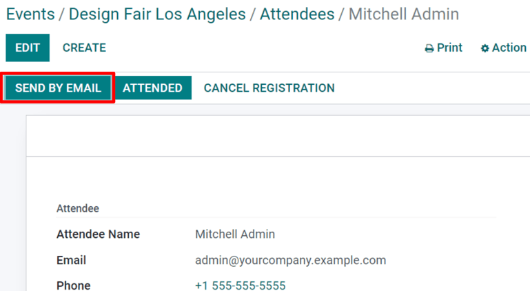 View of an attendee form emphasizing the send by email and cancel registration in SotaERP Events.