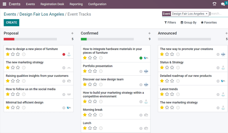 View of the talks' proposals page emphasizing the column proposal in SotaERP Events.