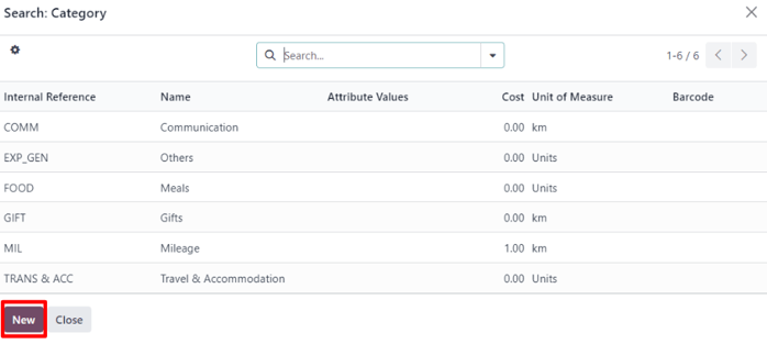 The Search:Category expenses pop-up window from a blank expenses form in SotaERP Expenses.