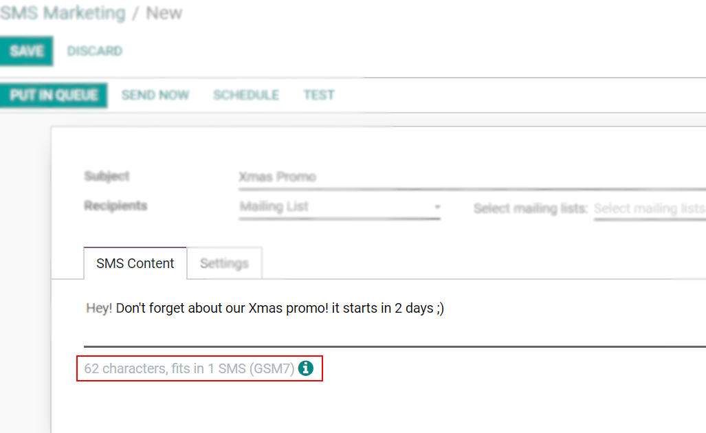 Number of GSM7 characters that fit in an SMS message in SotaERP SMS Marketing.