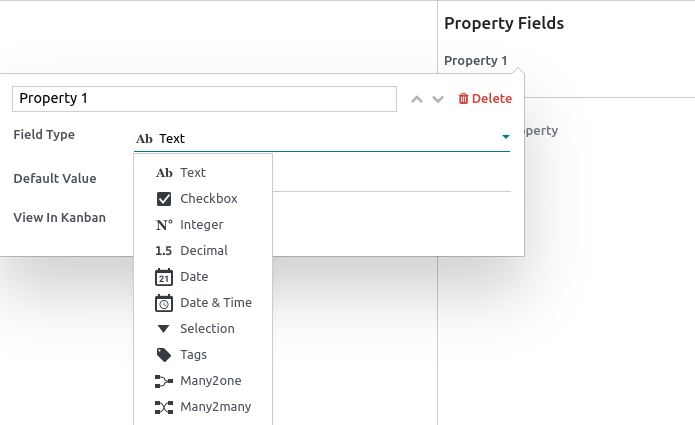 Dropdown of property fields types