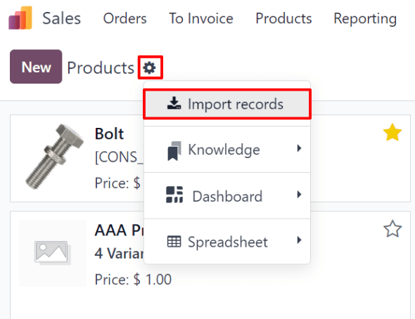 The Import records option selectable from the gear icon on the Products page in SotaERP Sales.