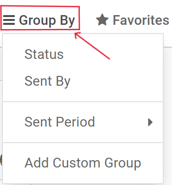 View of the Group By drop-down menu on the SotaERP Email Marketing application.