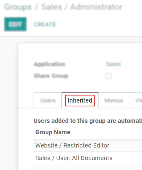 View of a group’s form emphasizing the tab inherited in SotaERP