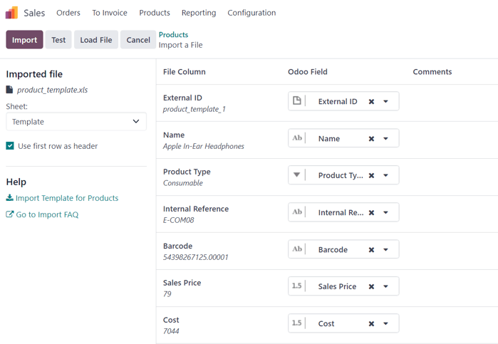 The import a file page in SotaERP Sales after a product template has been uploaded.