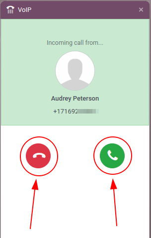 Incoming call shown in the SotaERP VoIP widget.