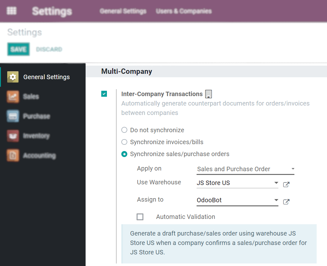 View of the settings page emphasizing the inter company transaction field in SotaERP