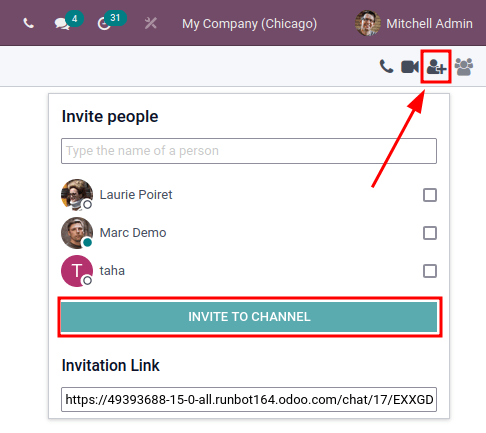 View of Discuss' option to invite members in SotaERP Discuss.