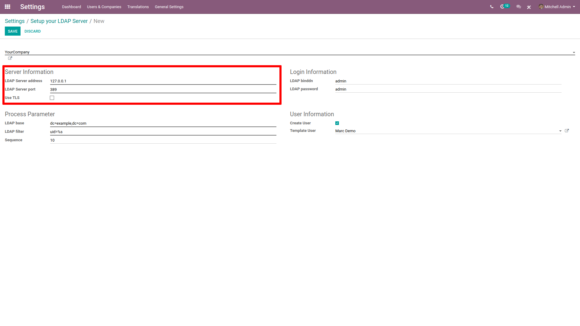 LDAP server settings highlighted in LDAP server setup on SotaERP.