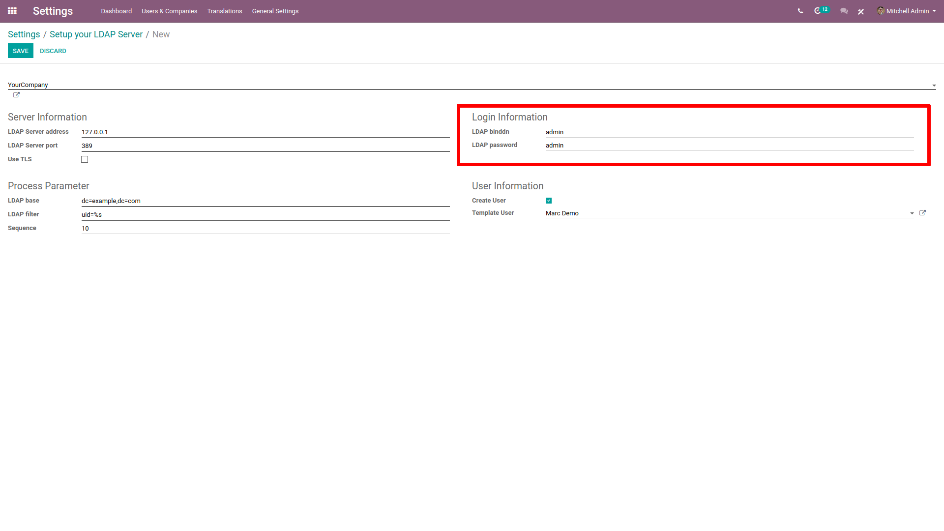 Login information highlighted in LDAP server setup on SotaERP.