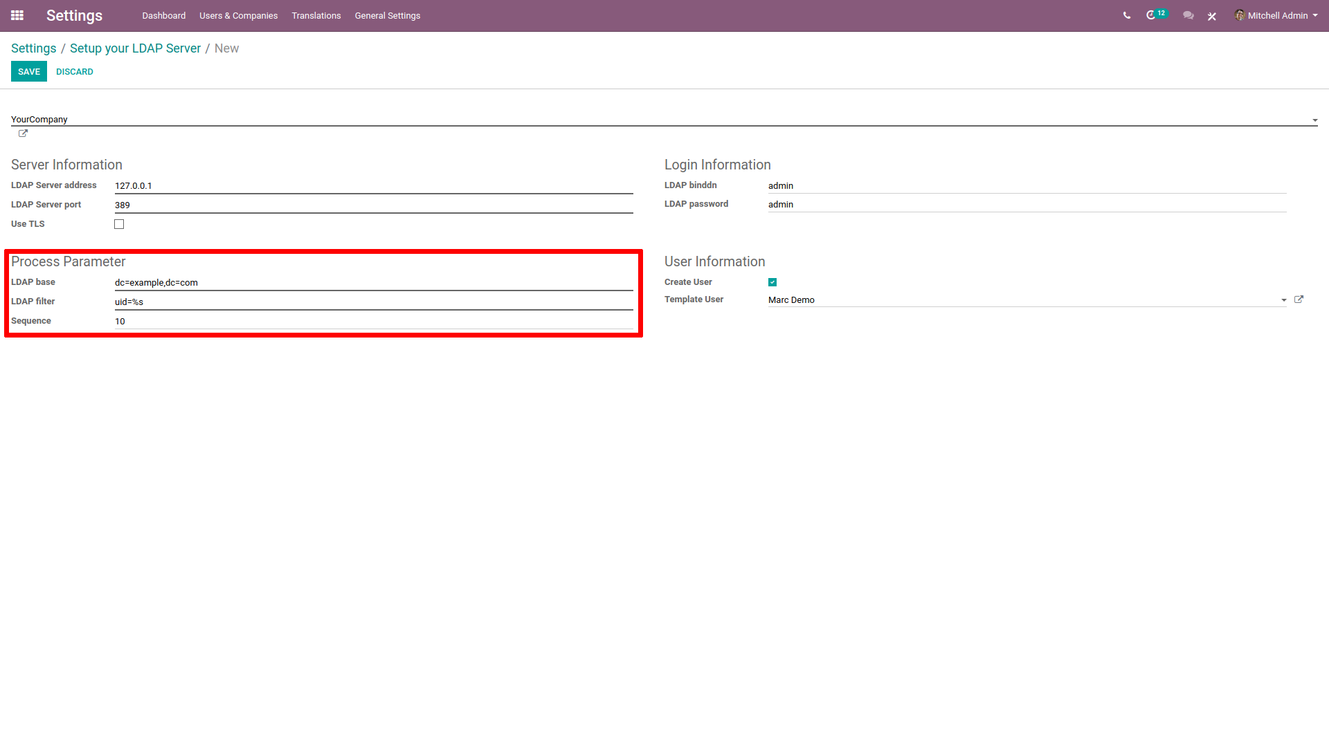 Process parameter highlighted in LDAP server setup on SotaERP.