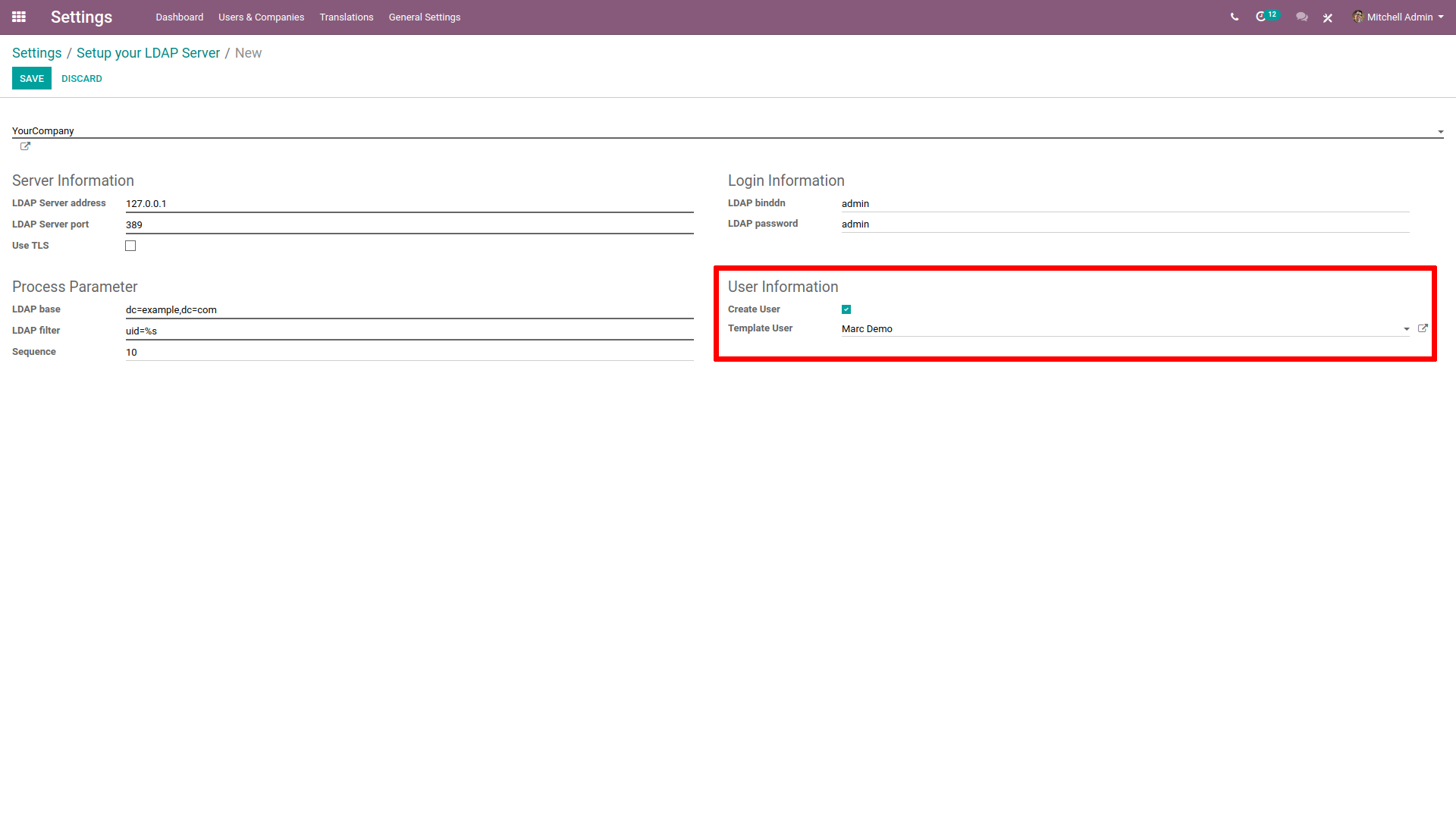 User information highlighted on LDAP server setup on SotaERP.