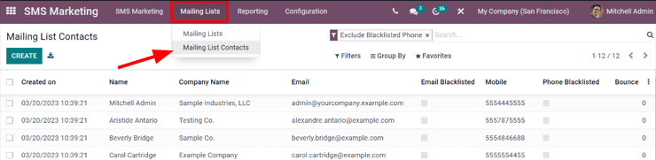 View of the mailing lists contact page in the SotaERP SMS Marketing application.