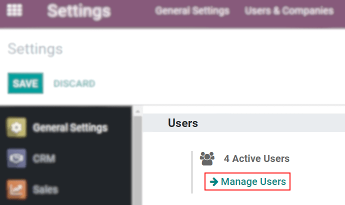 View of the settings page emphasizing the manage users field in SotaERP