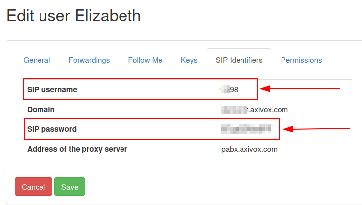 SIP credentials in the Axivox manager.