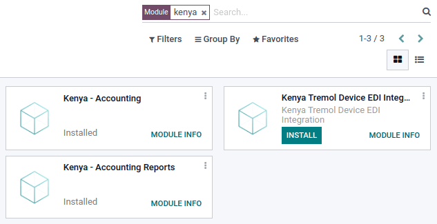 The three modules for the Kenya Fiscal Localization Package on SotaERP