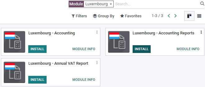 The three modules for the Luxembourgish Fiscal Localization Package on SotaERP