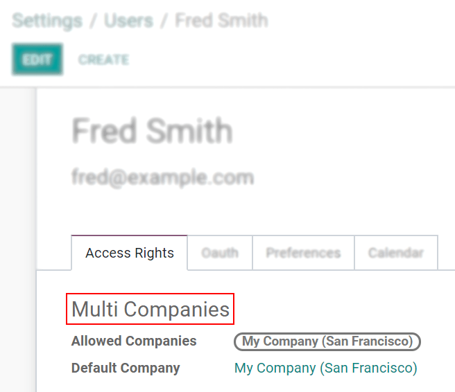 View of a user’s form emphasizing the multi companies field in SotaERP