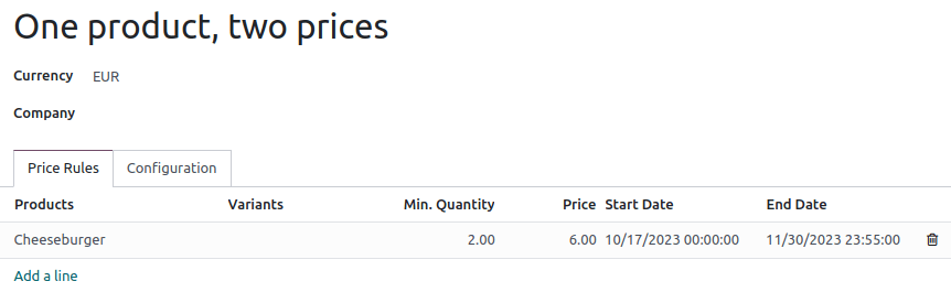 Setup form of a multiple prices pricelist