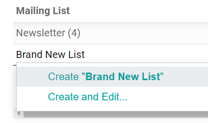 View of the new mailing list drop-down on contact form in SotaERP Email Marketing.