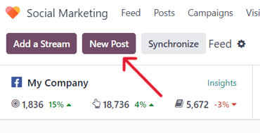 New Post button on the main dashboard of the SotaERP Social Marketing application.