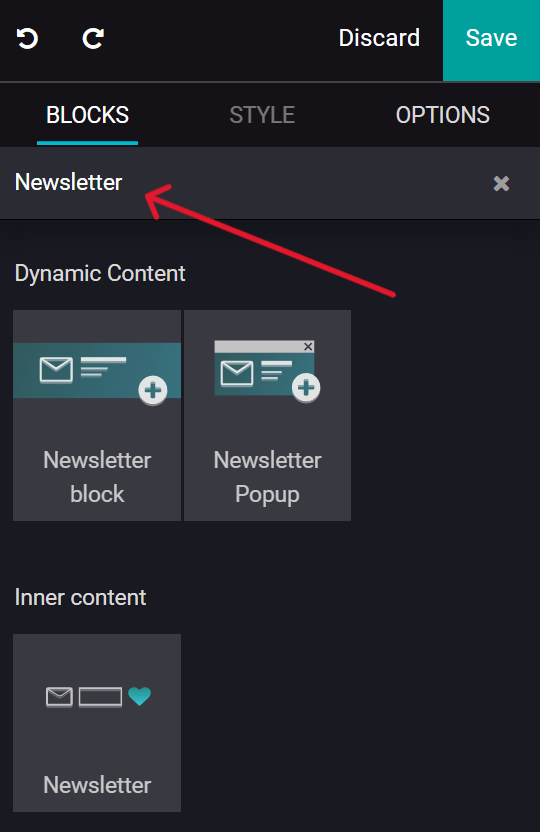 View of how to quickly search for Newsletter blocks in the SotaERP Website application.