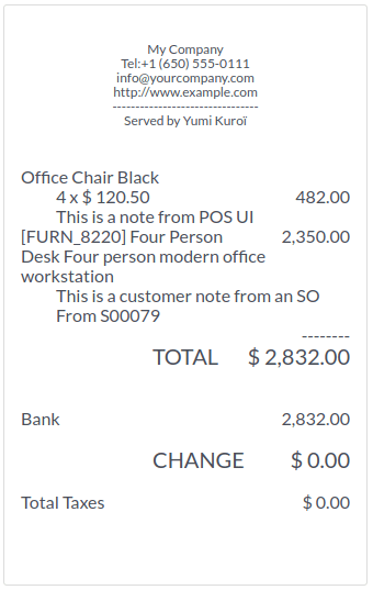 Customer receipt with notes from an SO and from the customer note feature