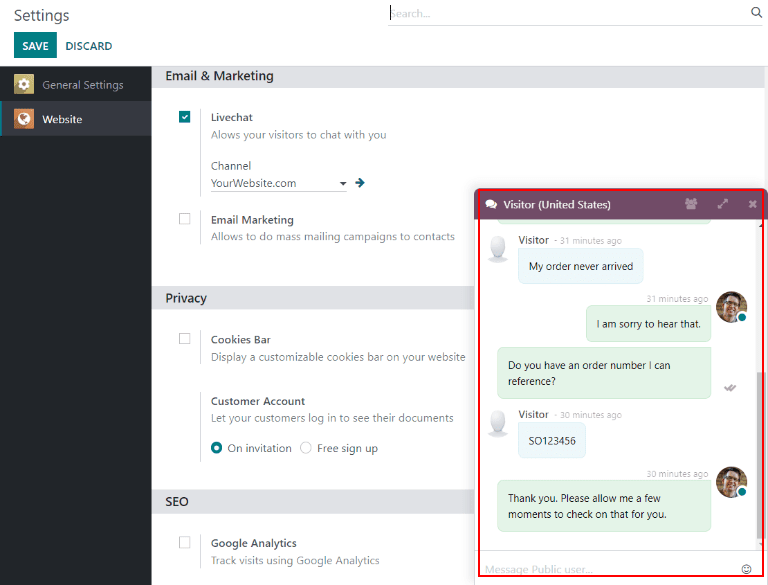 View of a live chat pop up window in an SotaERP database.