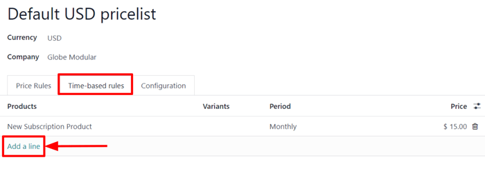 The time-based rules tab on a pricelist form in SotaERP Sales.