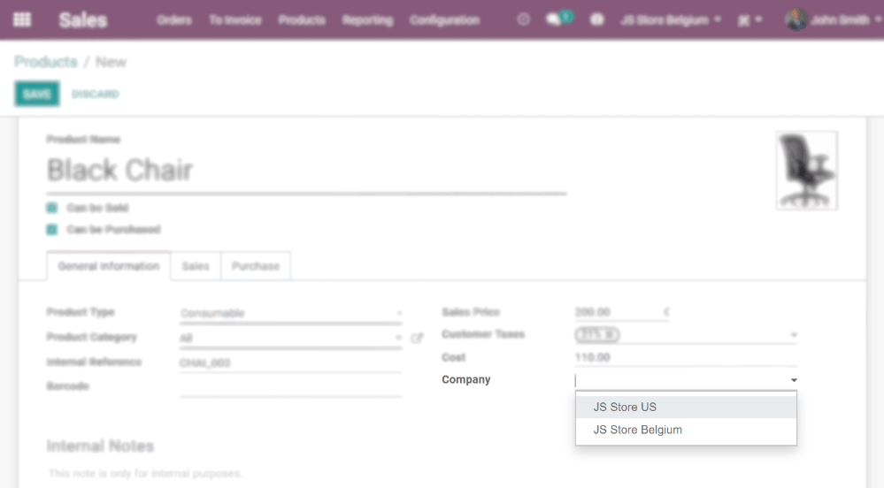 View of a product's form emphasizing the company field in SotaERP Sales