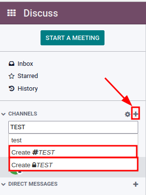 View of discuss's sidebar and a channel being created in SotaERP Discuss.