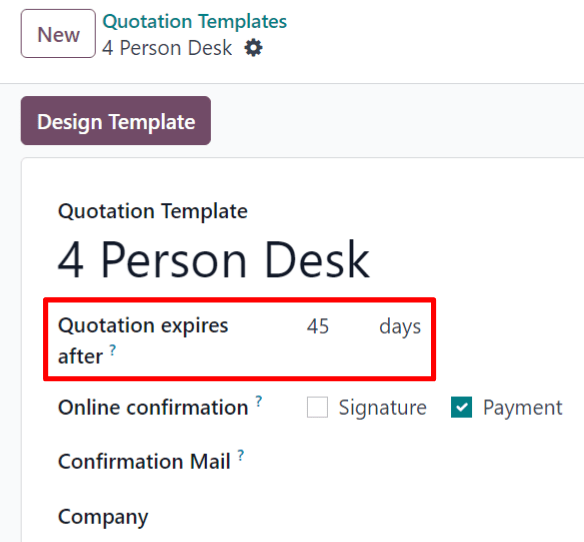 The quotation expires after field on a quotation template form in SotaERP Sales.