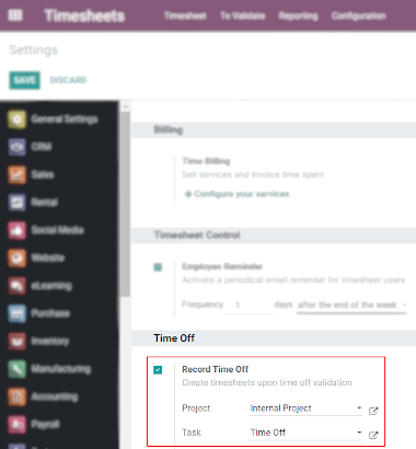 View of Timesheets setting enabling the feature record time off in SotaERP Timesheets