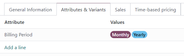 Recurrence periods configured as product variants in the "Attributes & Variants" tab of the product form.