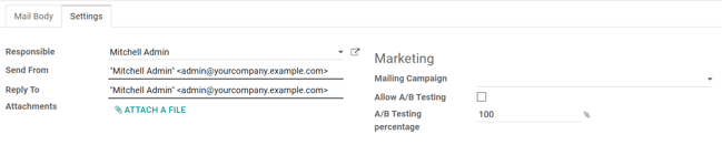 View of settings tab in SotaERP Email Marketing when settings are activated.