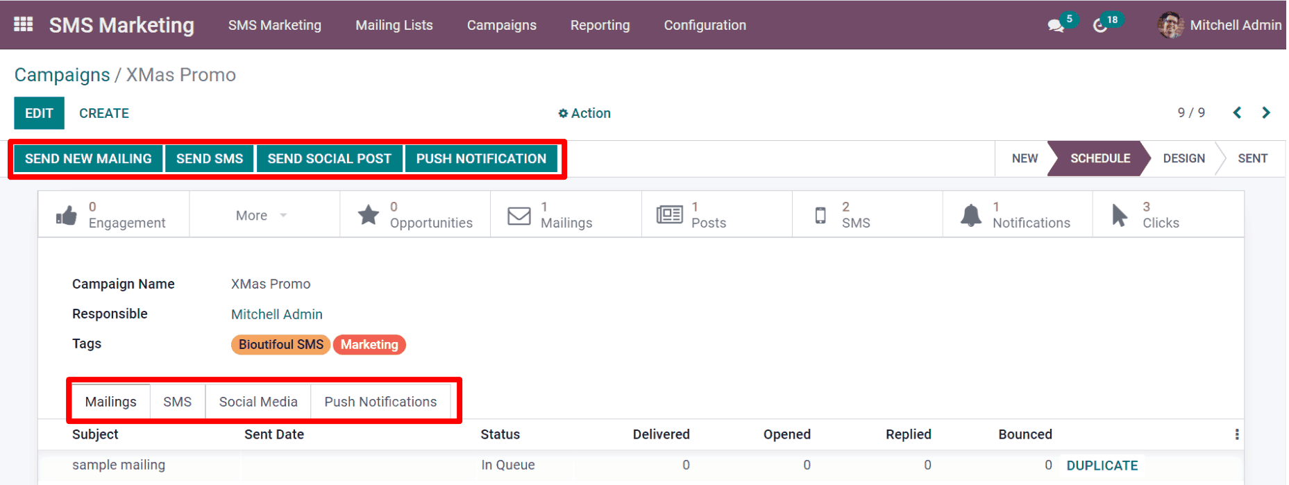 View of an SMS campaign template in SotaERP SMS marketing.